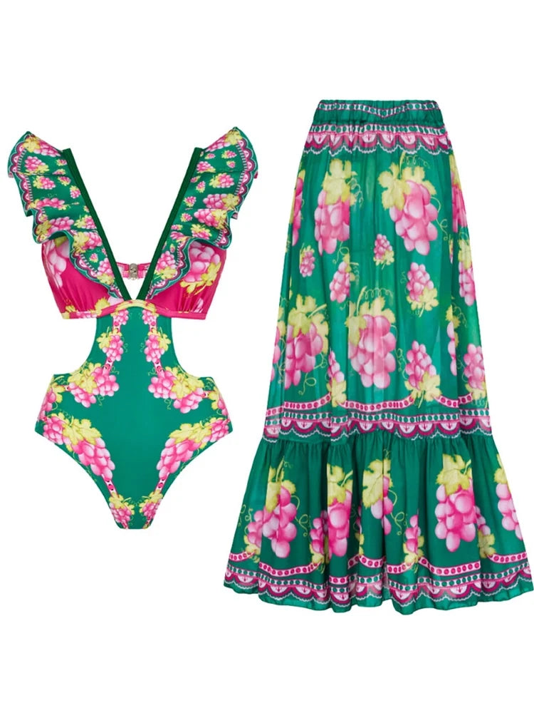 Ensemble jupe maxi une pièce à volants et découpes