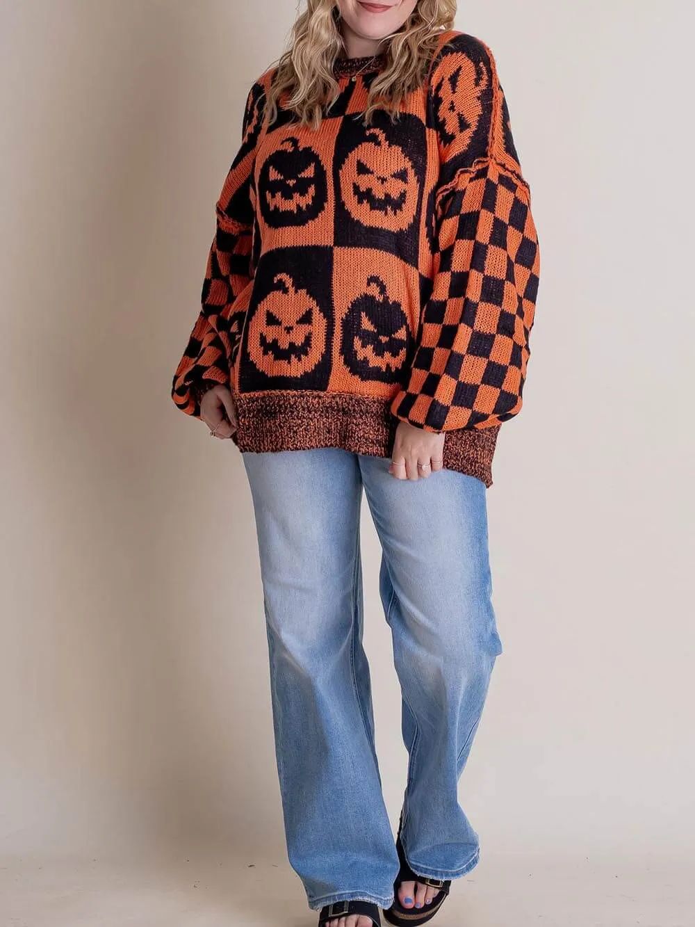 Pull à carreaux citrouille d'Halloween