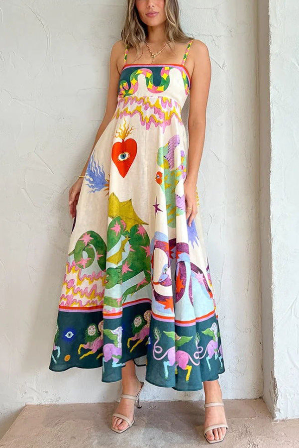 Robe midi en lin mélangé à imprimé unique, dos smocké et poches 