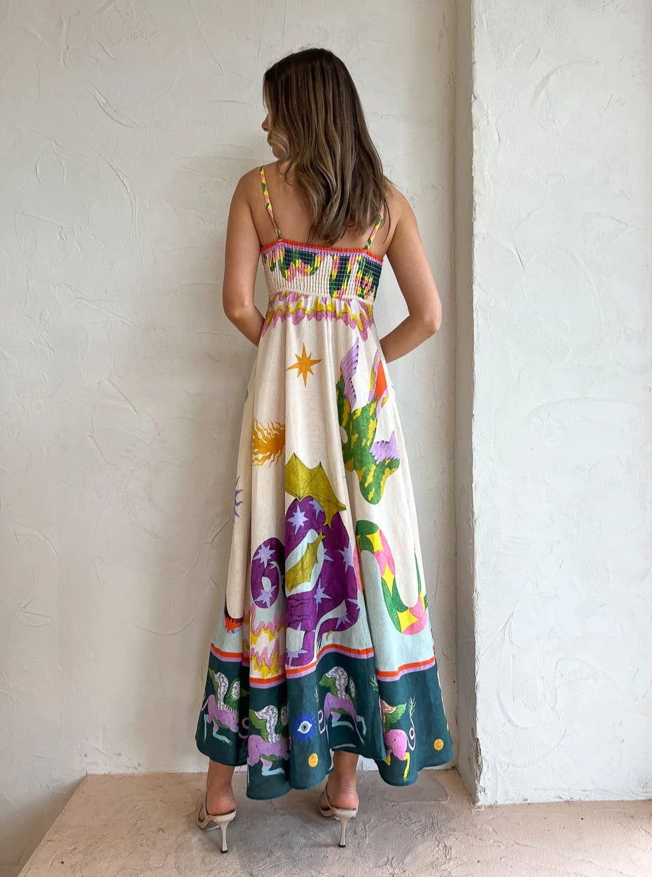 Robe midi en lin mélangé à imprimé unique, dos smocké et poches 
