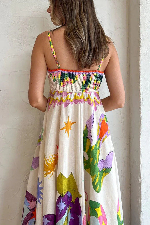 Robe midi en lin mélangé à imprimé unique, dos smocké et poches 