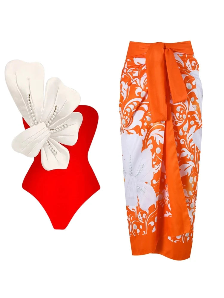 Ensemble maillot de bain orange avec détails de fleurs perlées