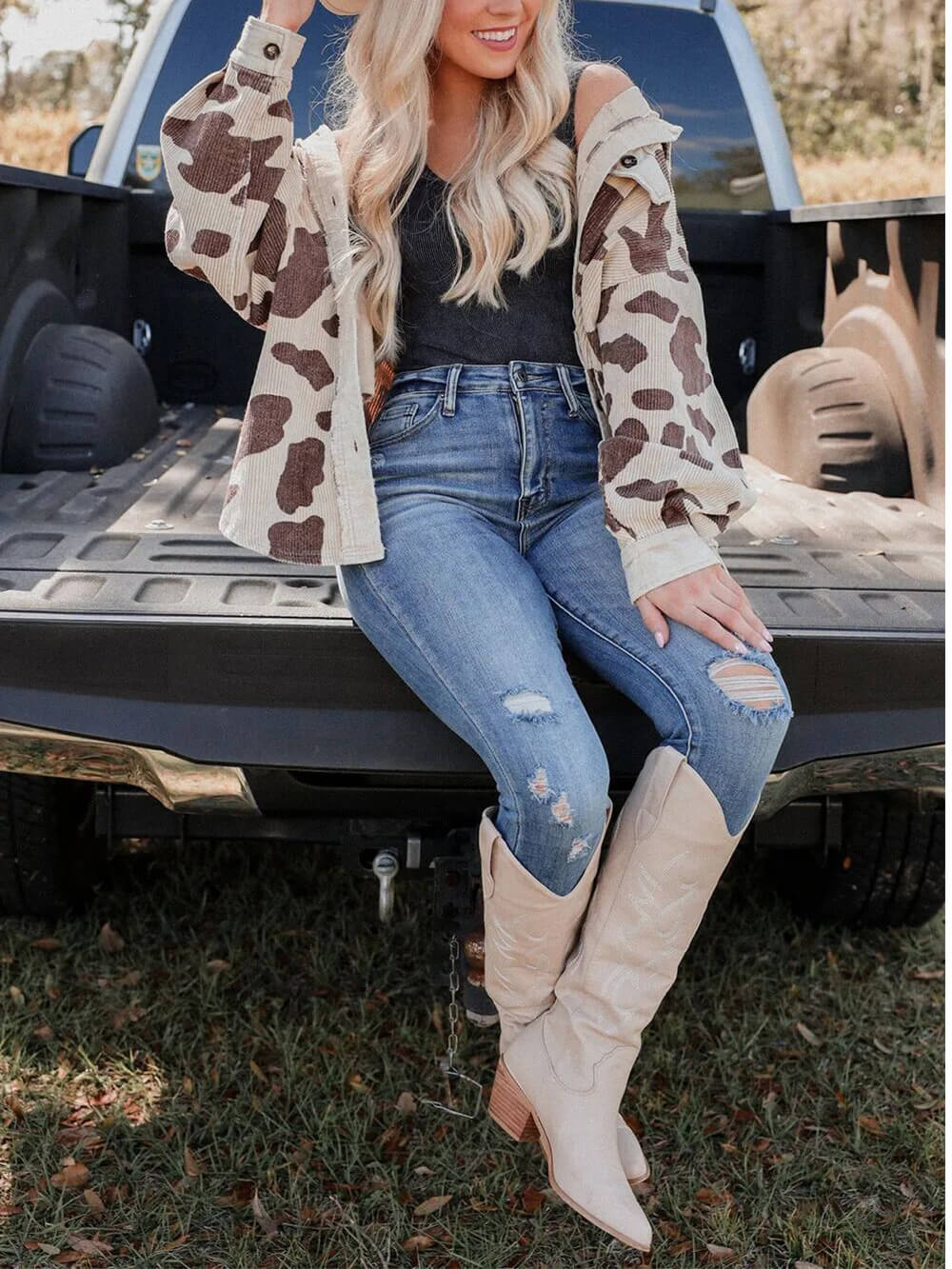 Veste chemise mi-longue en velours côtelé imprimée