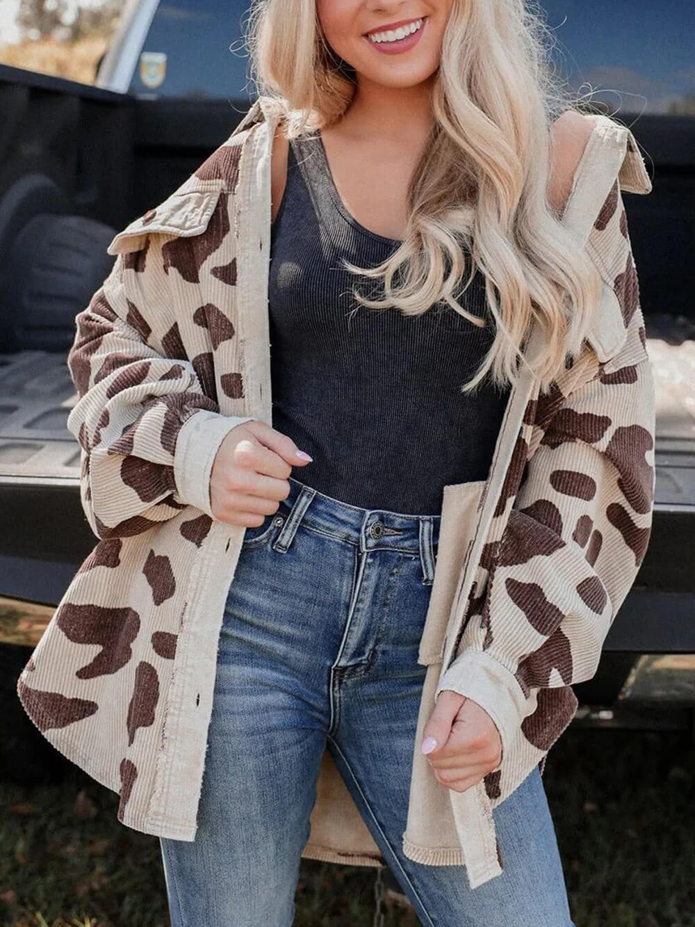 Veste chemise mi-longue en velours côtelé imprimée