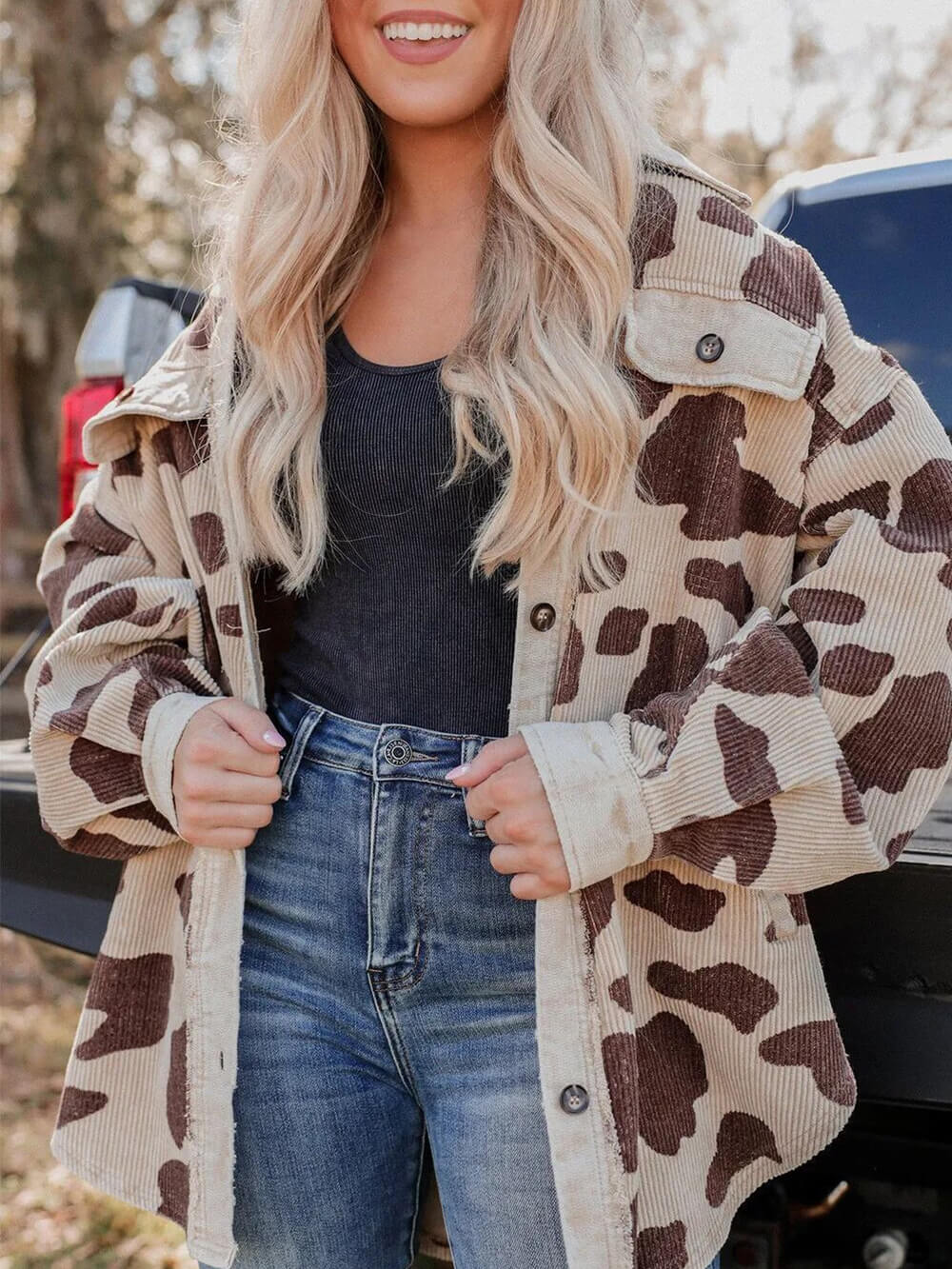 Veste chemise mi-longue en velours côtelé imprimée