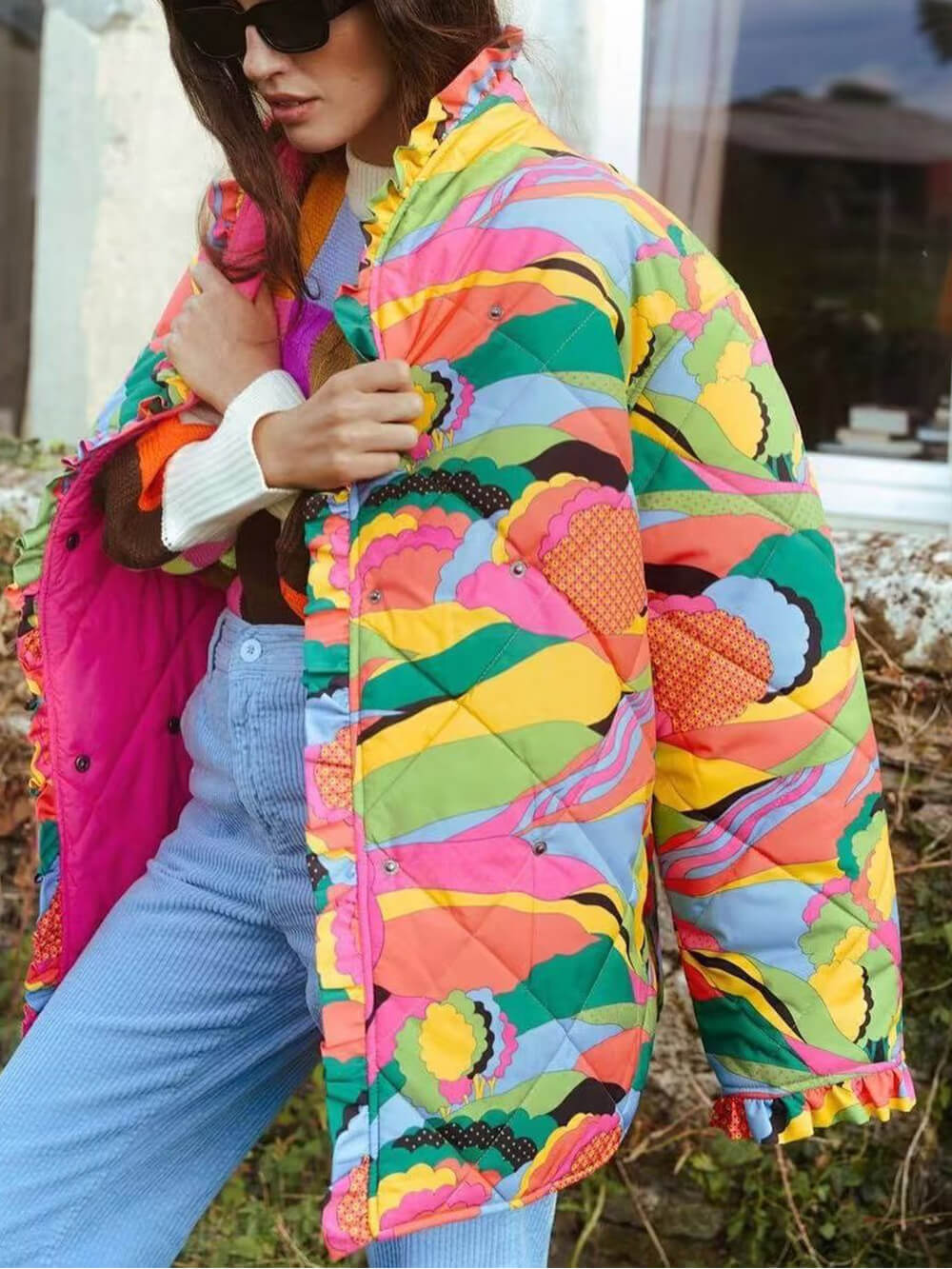 Manteau en coton imprimé plissé à bordure en dentelle