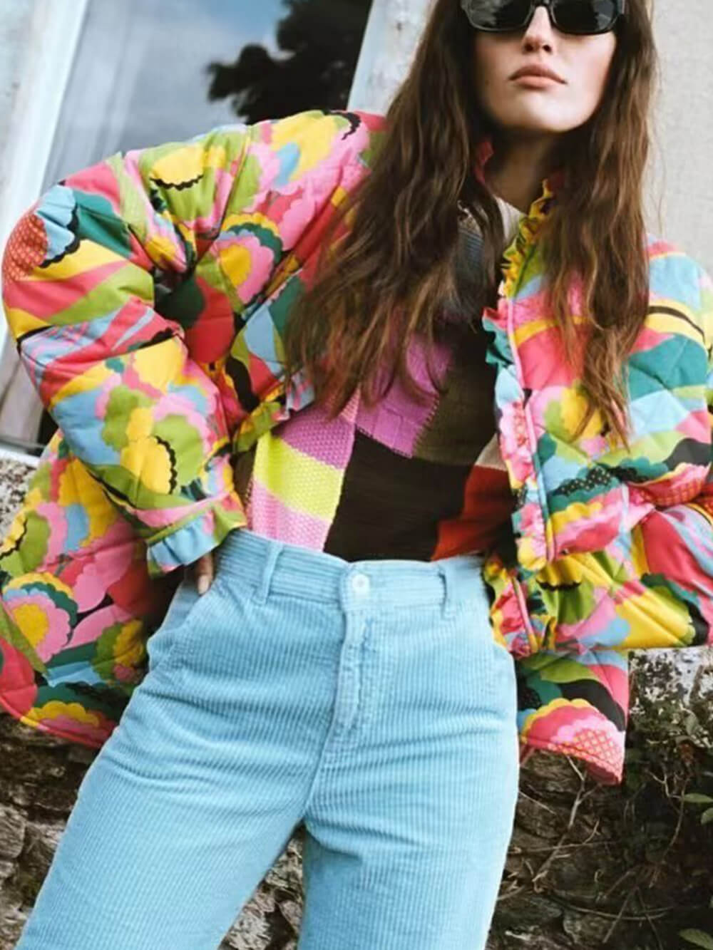 Manteau en coton imprimé plissé à bordure en dentelle