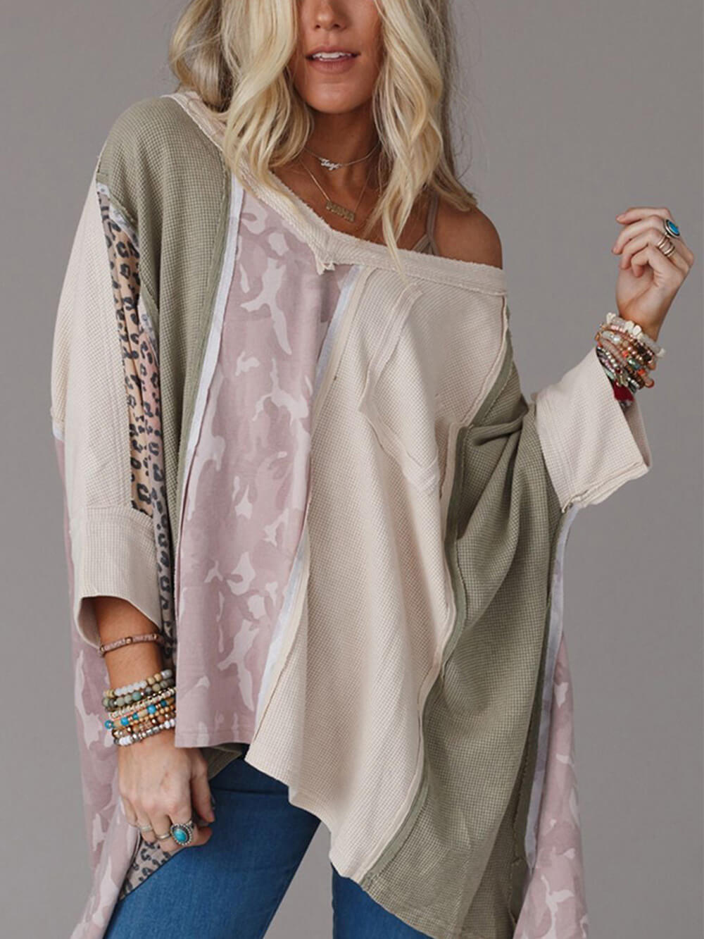 Sweat-shirt décontracté à imprimé léopard patchwork