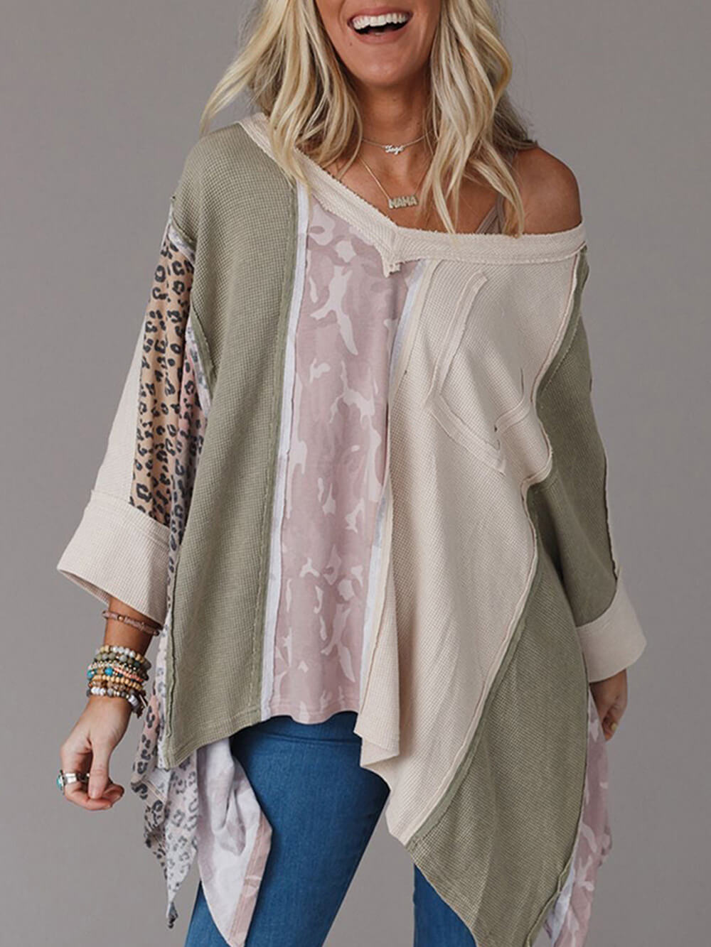 Sweat-shirt décontracté à imprimé léopard patchwork