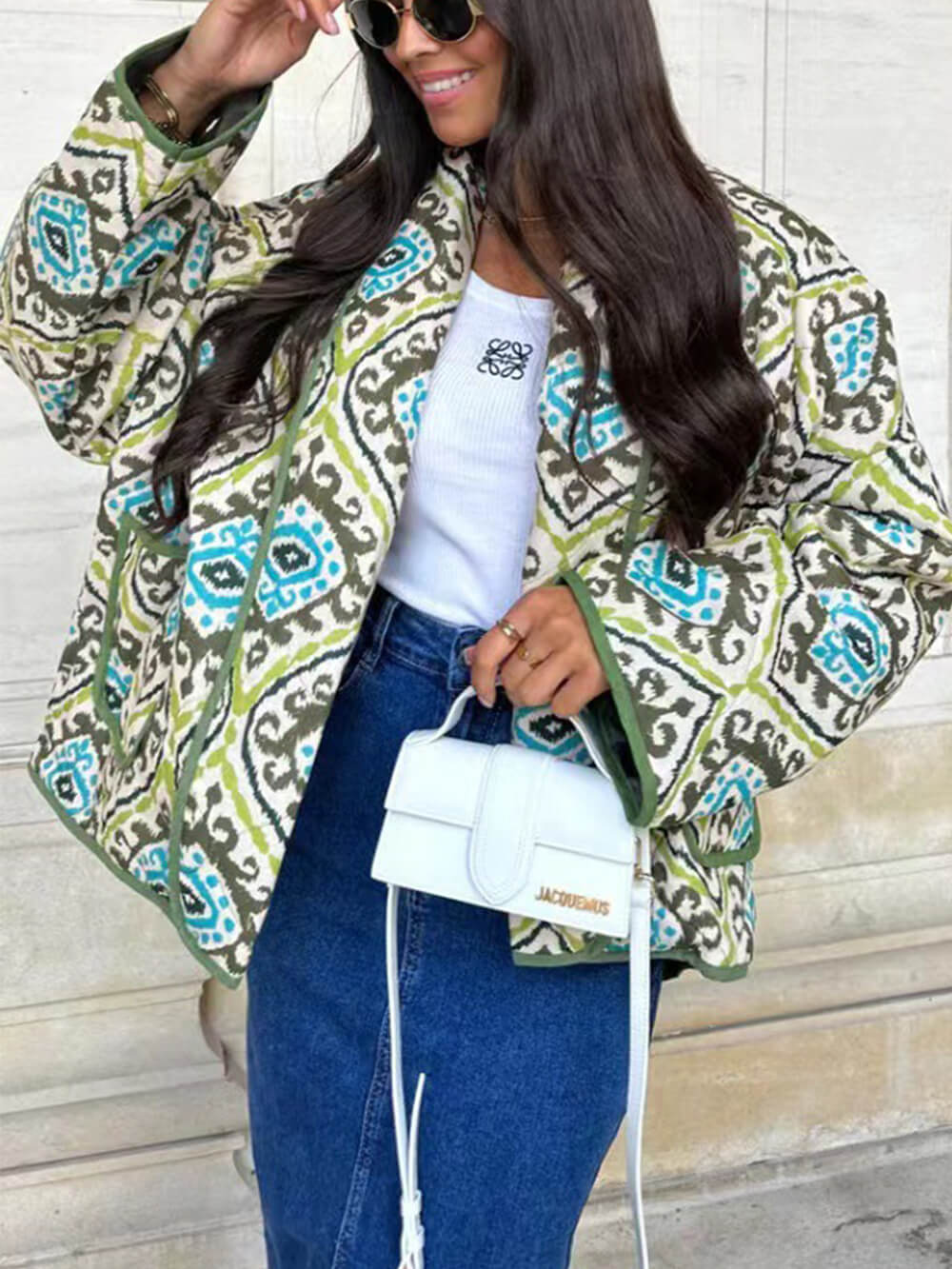 Manteau en coton à col montant court et à faux contraste tendance