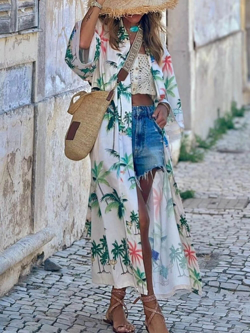Robe longue de plage à imprimé botanique et taille nouée, style vacances