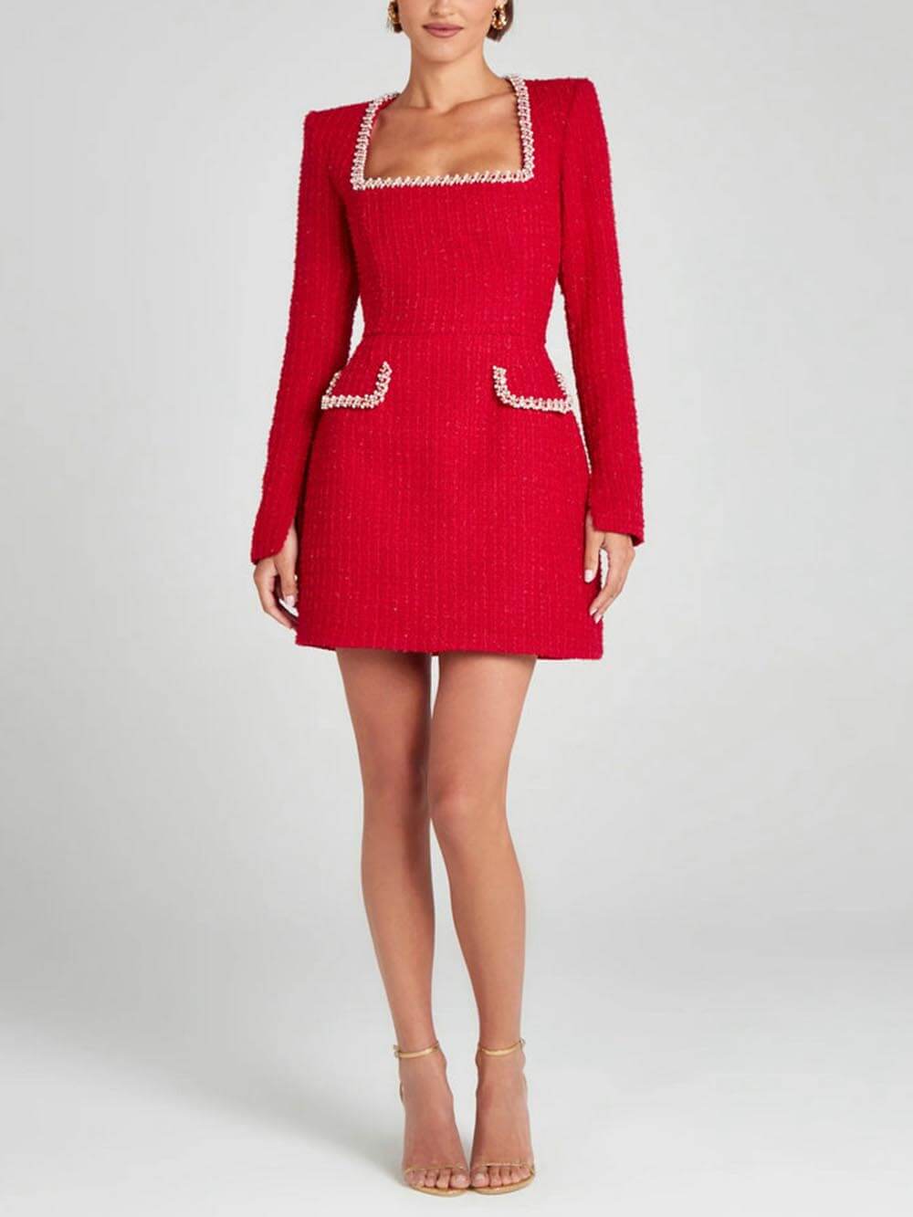 Robe mini à poche et manches fendues, ornée de perles, pour une fille ravissante