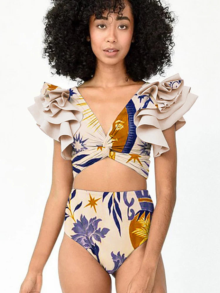 Ensemble bikini à volants et imprimé ethnique pour femmes