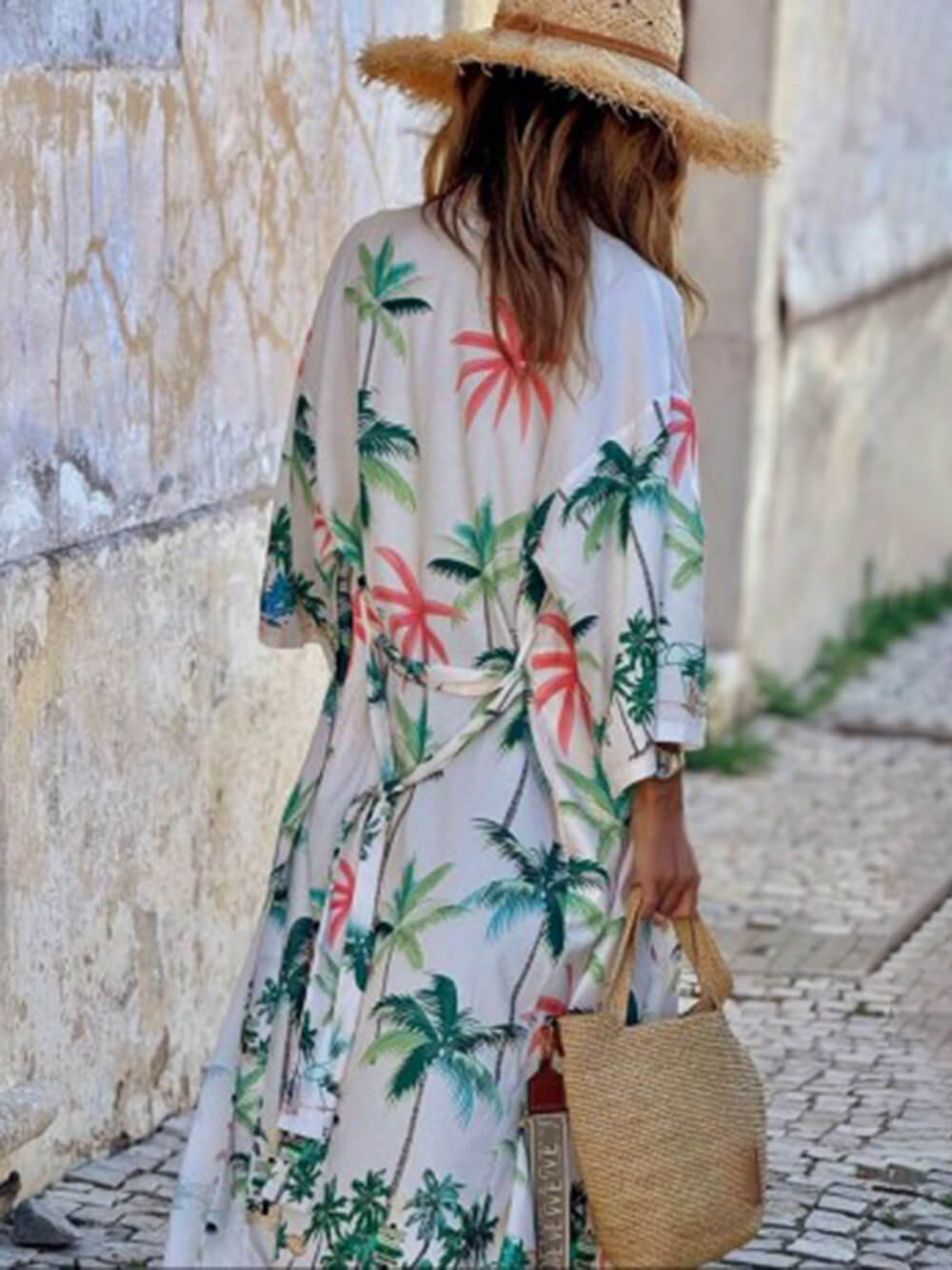 Robe longue de plage à imprimé botanique et taille nouée, style vacances