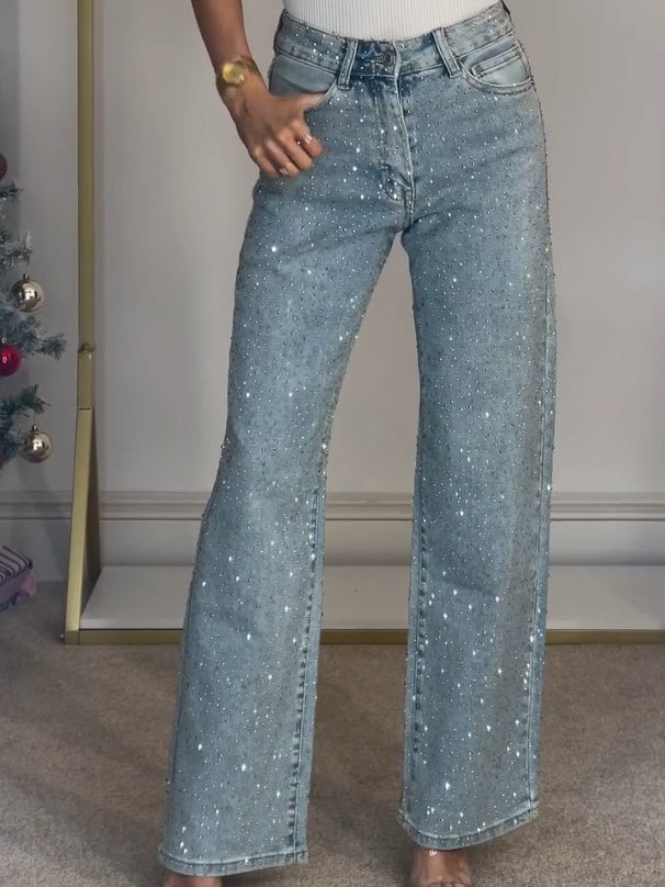 Jean droit taille haute à strass
