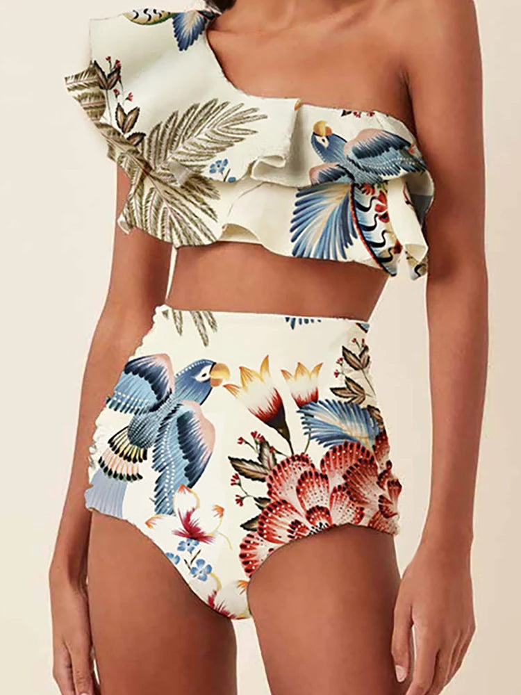 Bikini asymétrique à volants motif toucan tropical