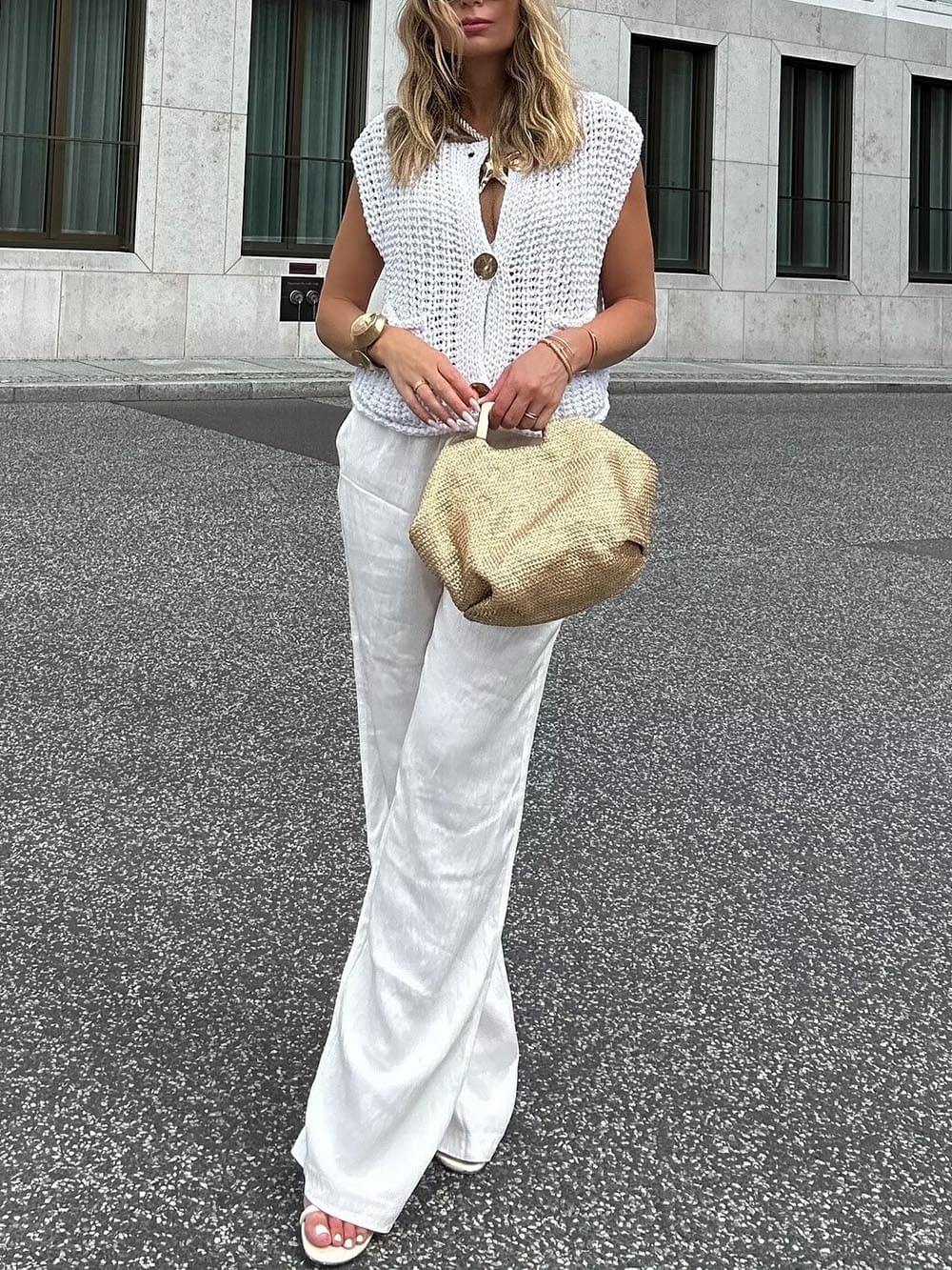 Gilet court en maille sans manches à poches élégantes