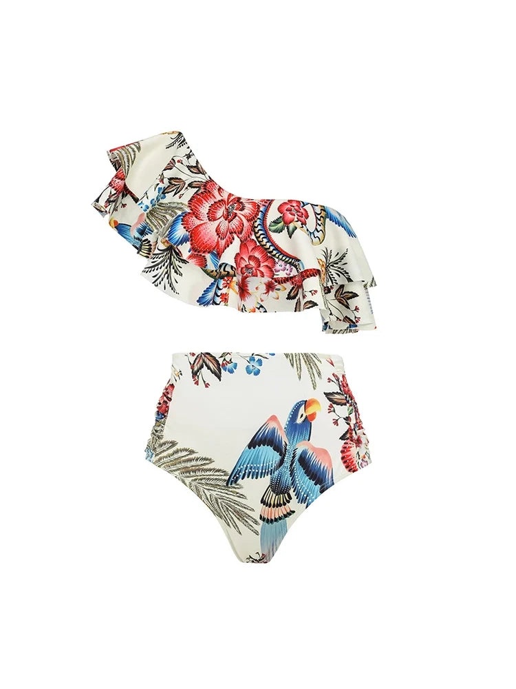 Bikini asymétrique à volants motif toucan tropical