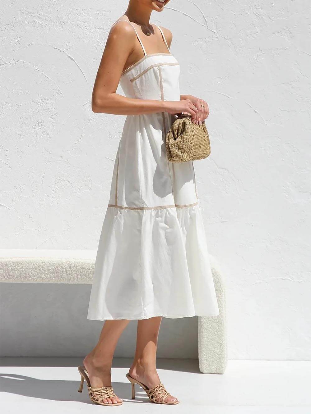 Robe midi à bretelles réglables et bordures contrastées