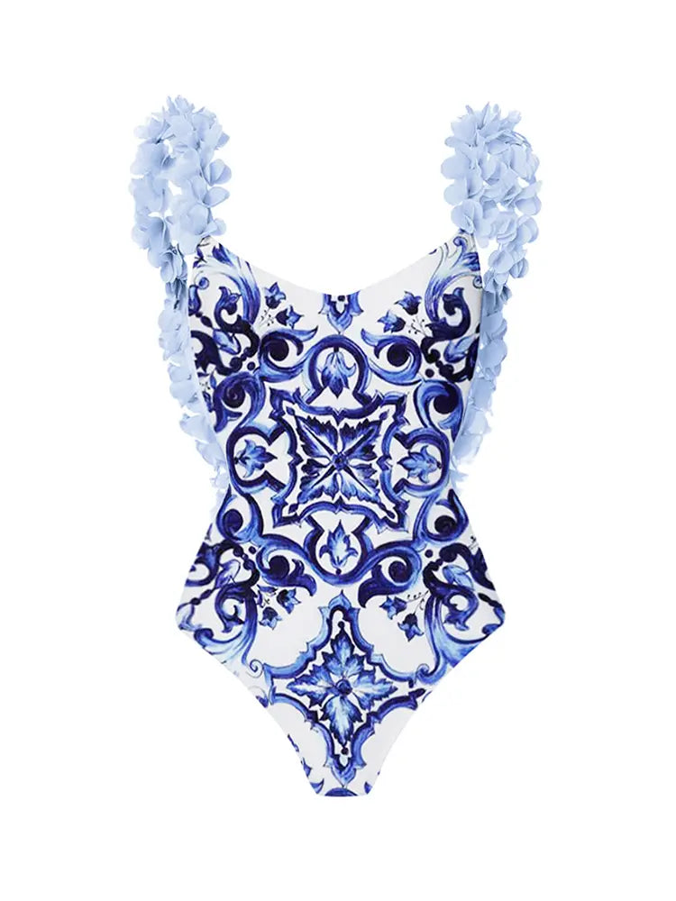 Bikini une pièce bleu avec application faite à la main
