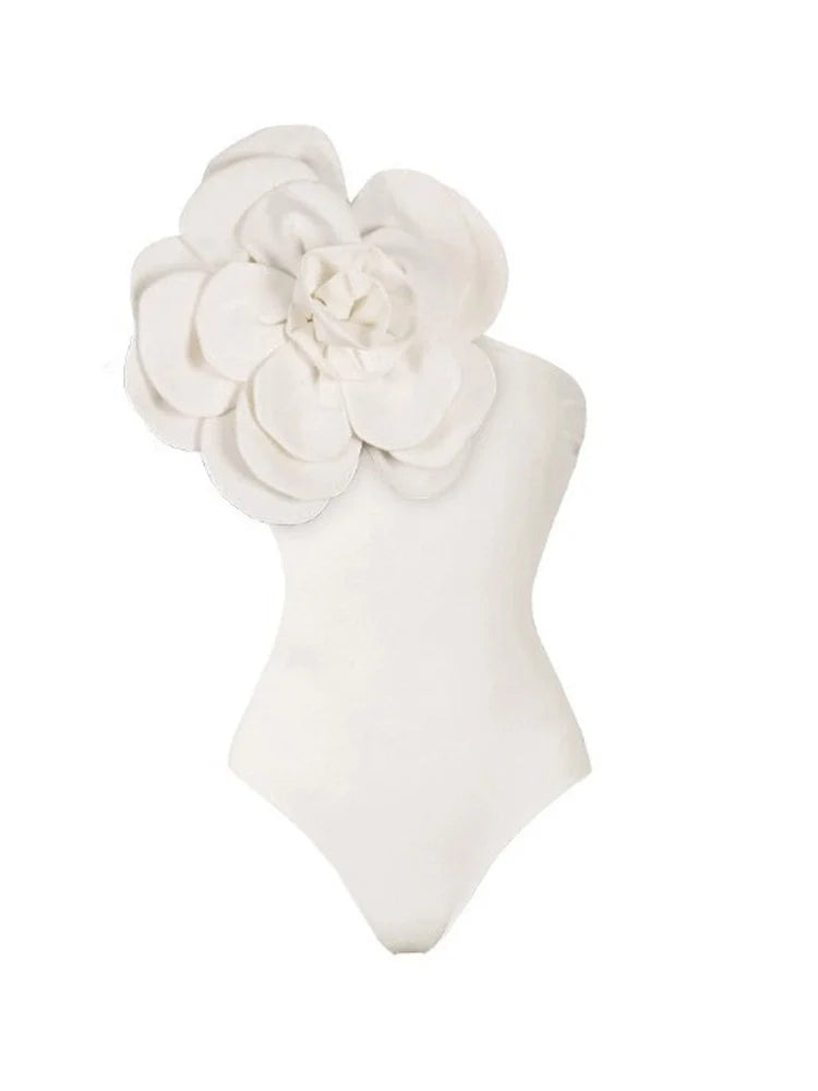 Maillot de bain uni à motif floral 3D