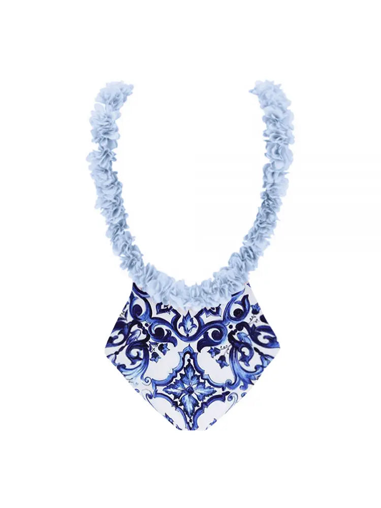 Bikini une pièce bleu avec application faite à la main