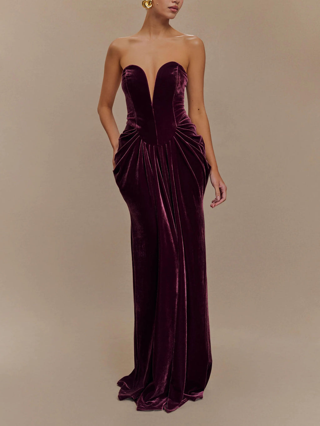Robe longue bustier en velours - Prune 