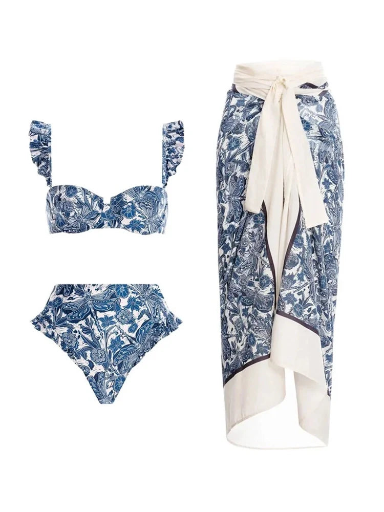 Ensemble bikini à volants imprimé libellule bleue