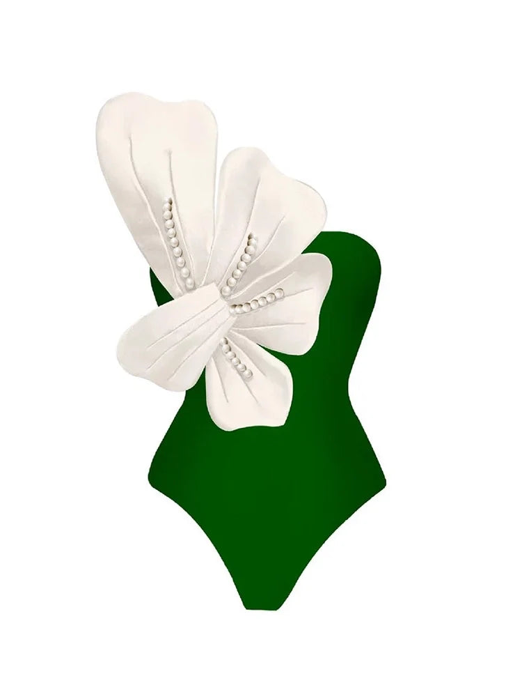 Ensemble maillot de bain vert orné de perles et de fleurs