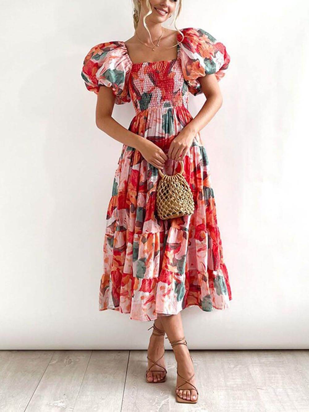 Robe midi évasée à imprimé floral et smocks