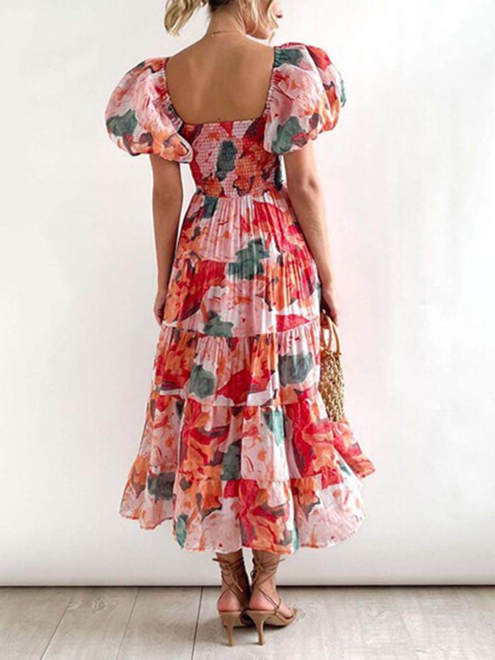 Robe midi évasée à imprimé floral et smocks