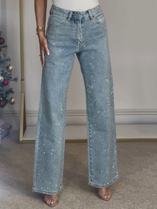 Jean droit taille haute à strass