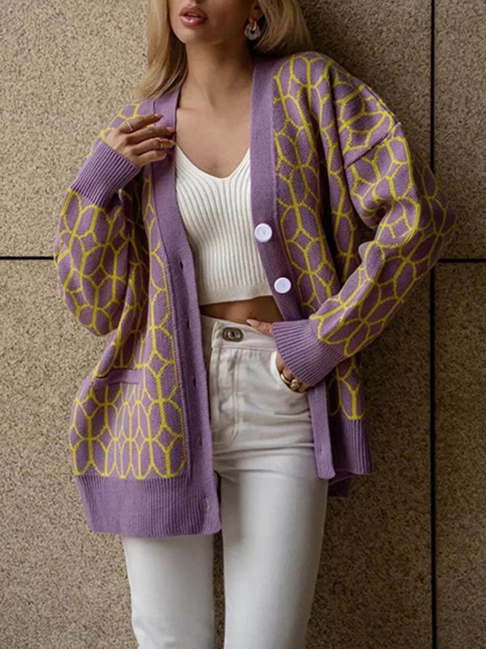 Cardigan décontracté à rayures, boutons, tresse contrastée et col en V