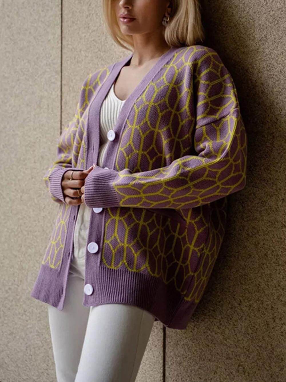 Cardigan décontracté à rayures, boutons, tresse contrastée et col en V