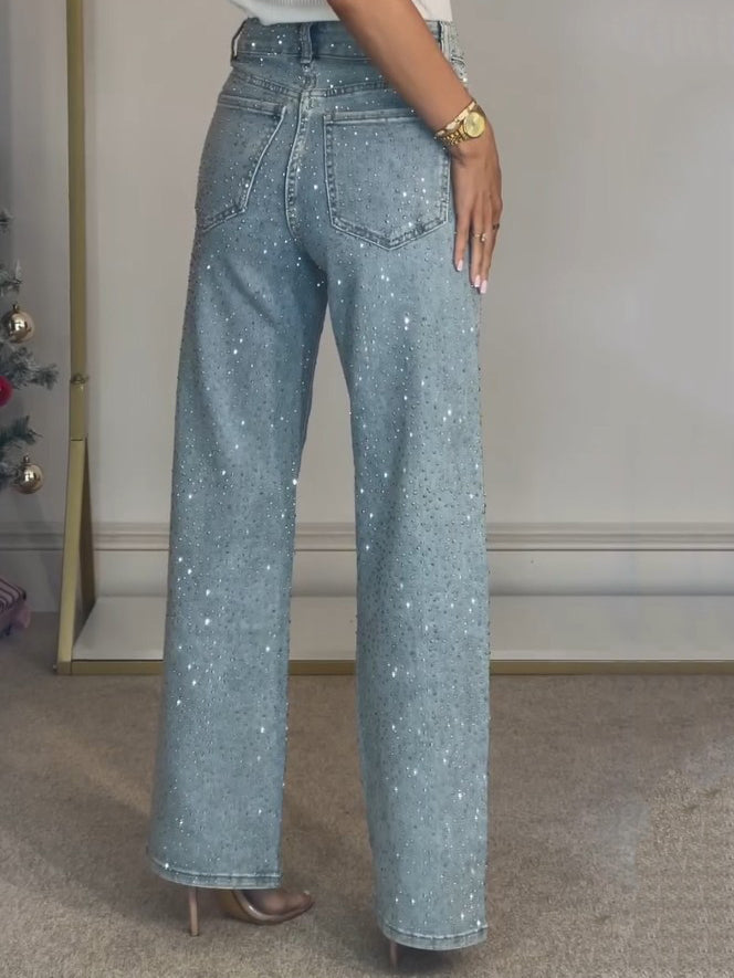 Jean droit taille haute à strass