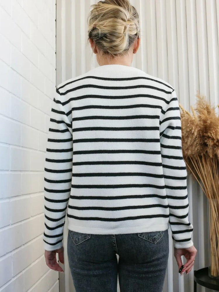 Ensemble cardigan rayé à col rond décontracté