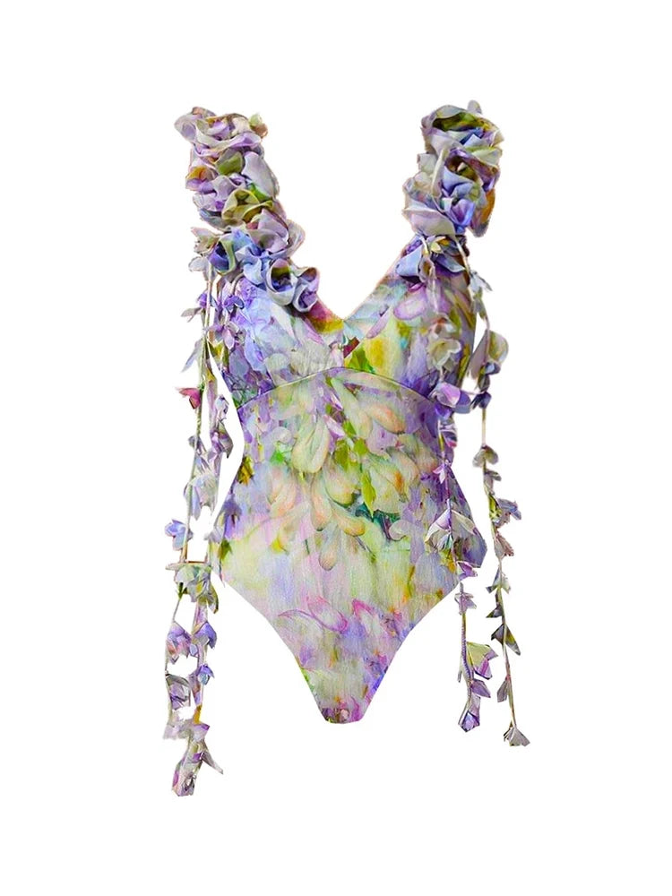 Maillot de bain féérique à nouer et appliqués floraux