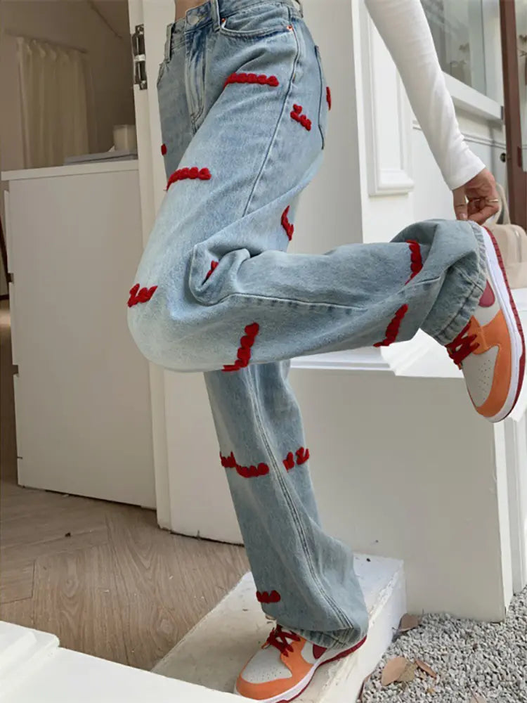 Jean taille haute brodé