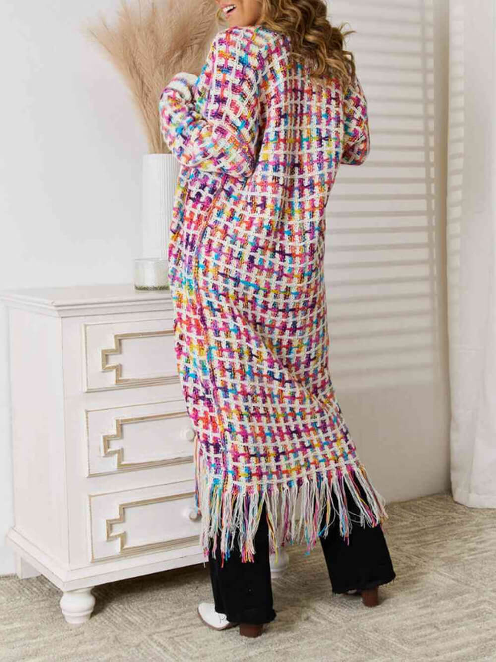Gilet long bohème multicolore à franges