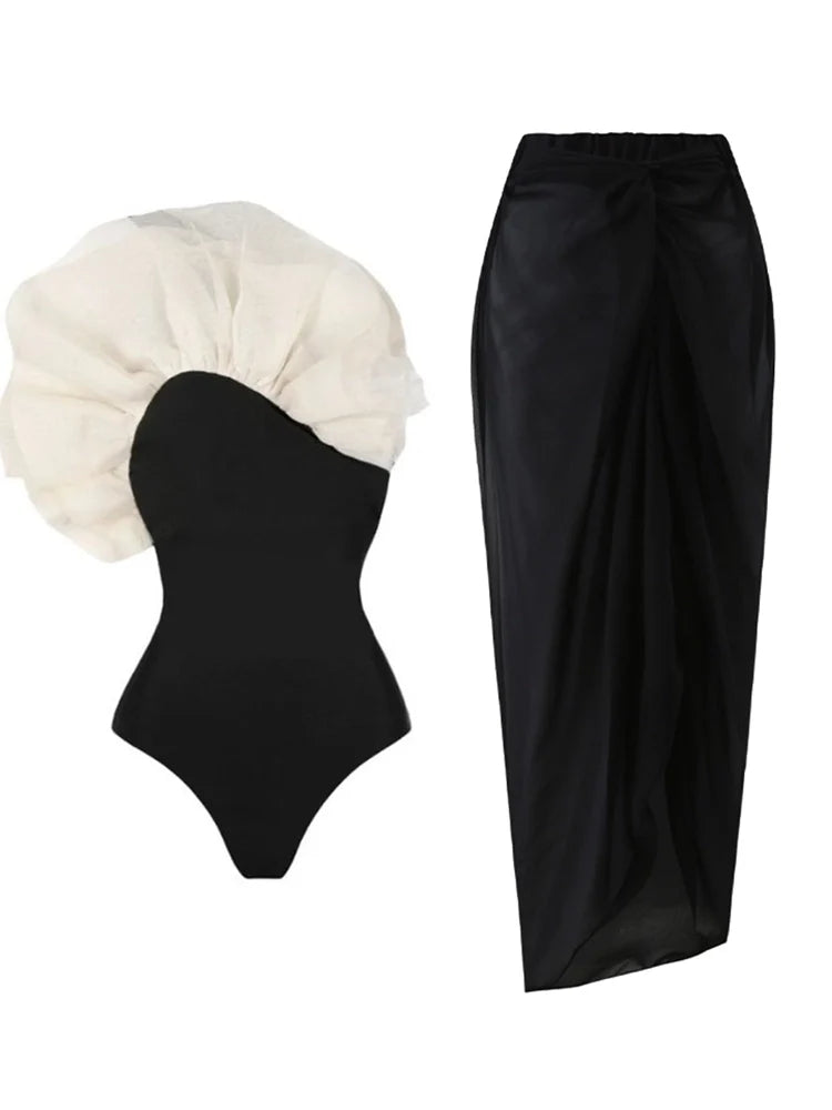 Maillot de bain uni à motif floral 3D