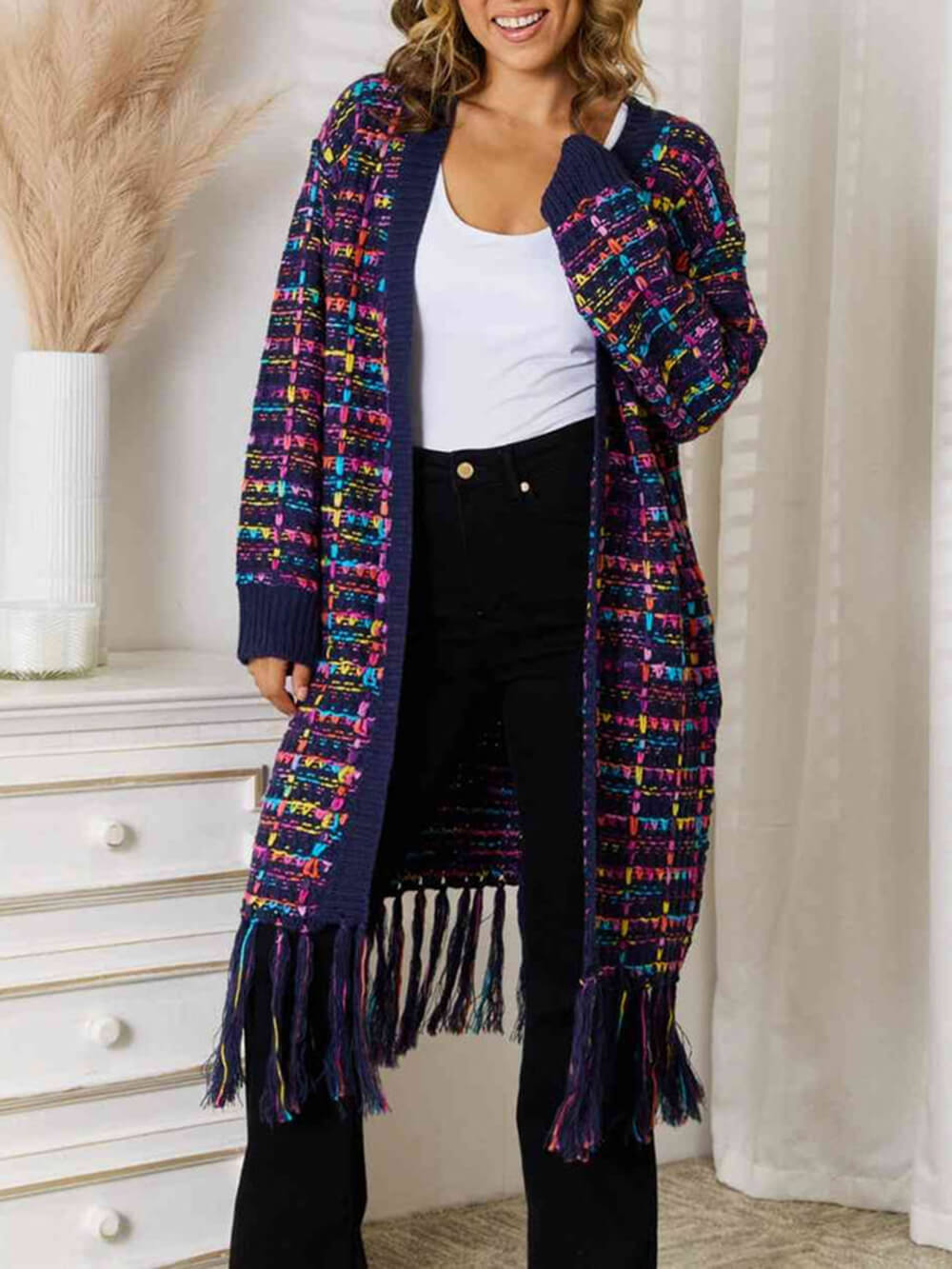 Gilet long bohème multicolore à franges