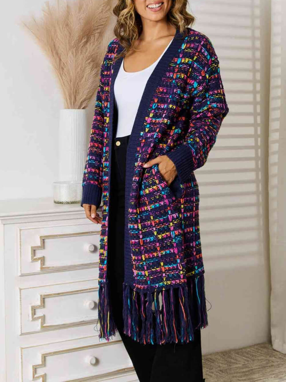 Gilet long bohème multicolore à franges