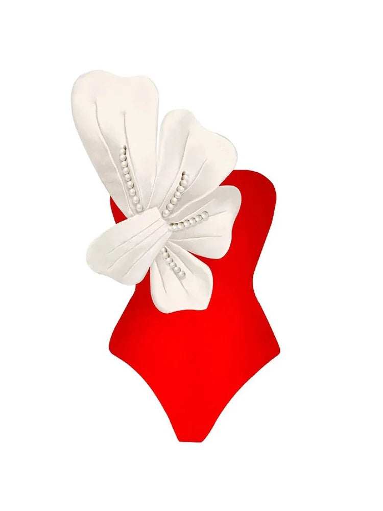 Ensemble maillot de bain orange avec détails de fleurs perlées
