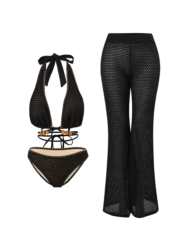 Ensemble bikini noir à nouer en maille perlée