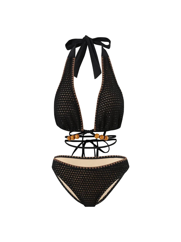 Ensemble bikini noir à nouer en maille perlée
