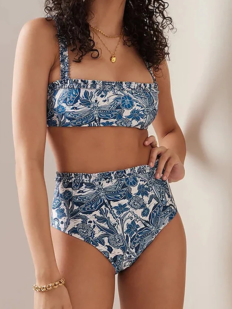 Ensemble bikini à volants imprimé libellule bleue