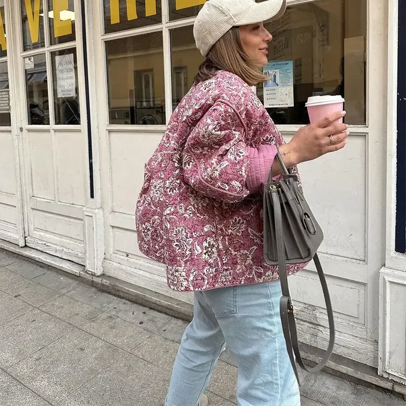 Veste matelassée style rétro urbain à imprimé floral