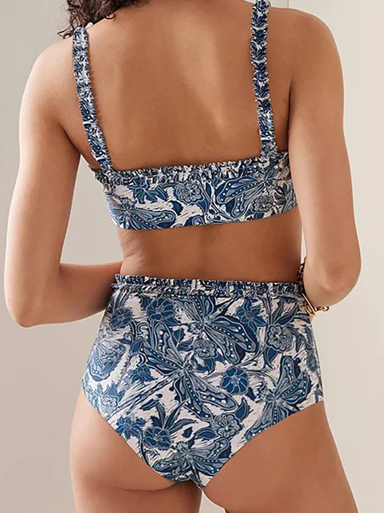 Ensemble bikini à volants imprimé libellule bleue