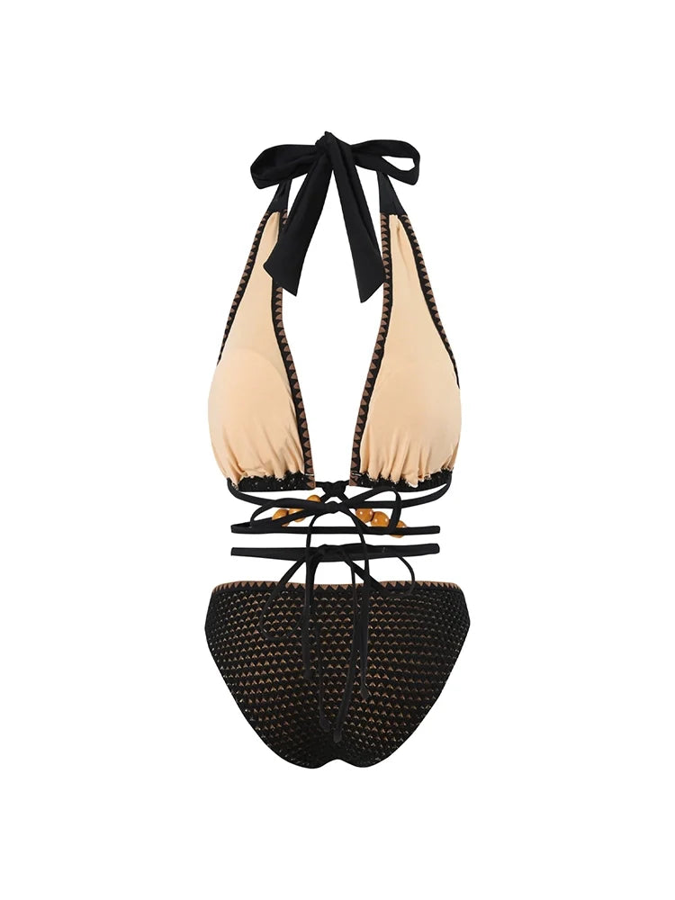 Ensemble bikini noir à nouer en maille perlée