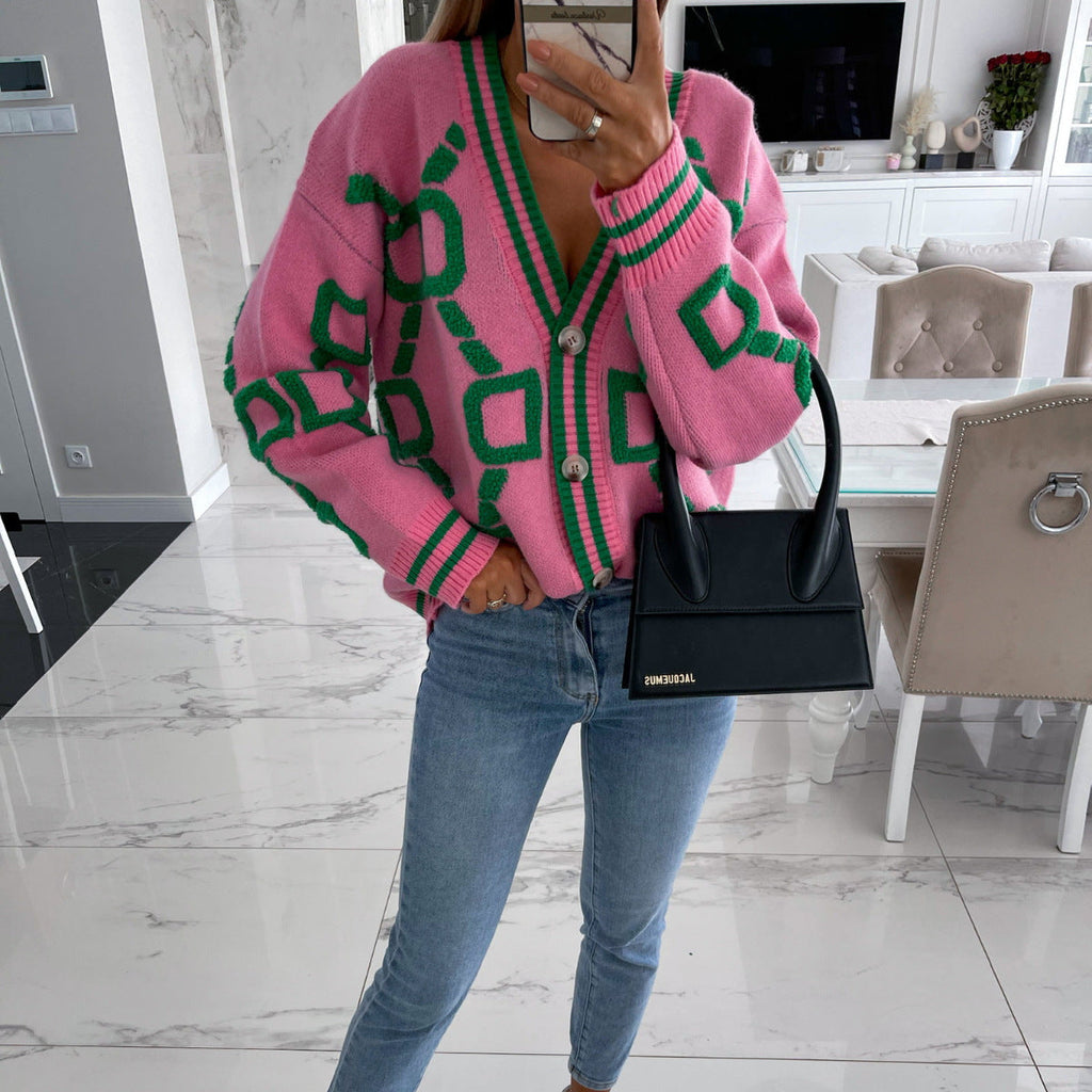 Cardigan décontracté à col en V en maille contrastée.